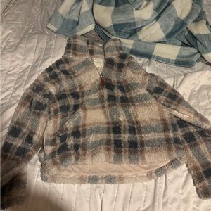 Thread & Supply Plaid Fleece Hoodie - Blue and Cream